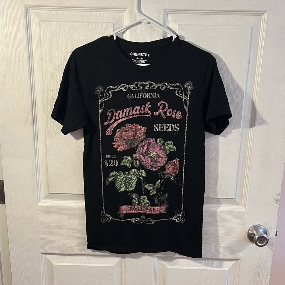 Chemistry Black Tee with Pink Floral Graphic